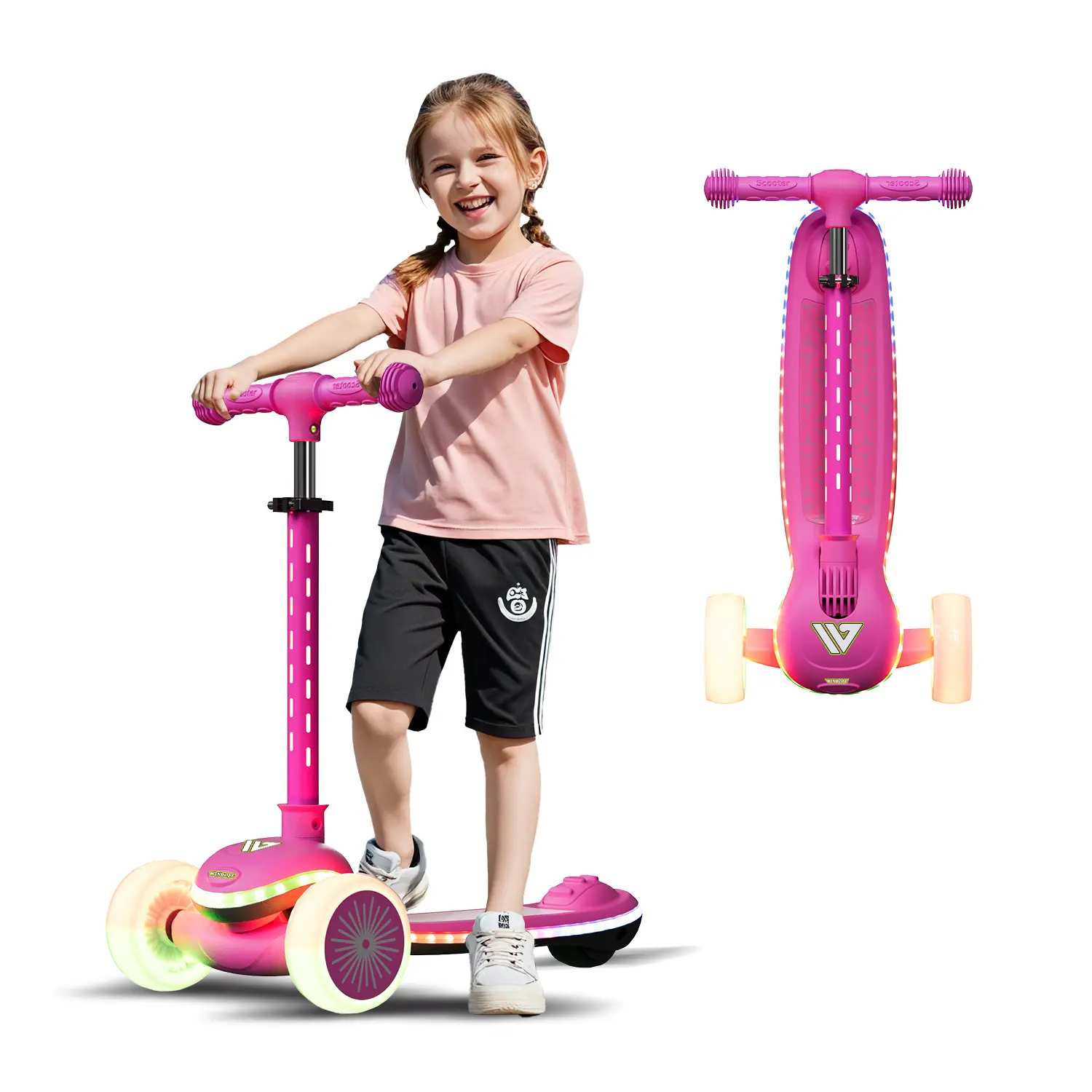 WinHope Stable 3-wheel first scooter with lean-to-steer, adjustable handlebar, anti-slip deck, foldable frame, and light-up wheels.