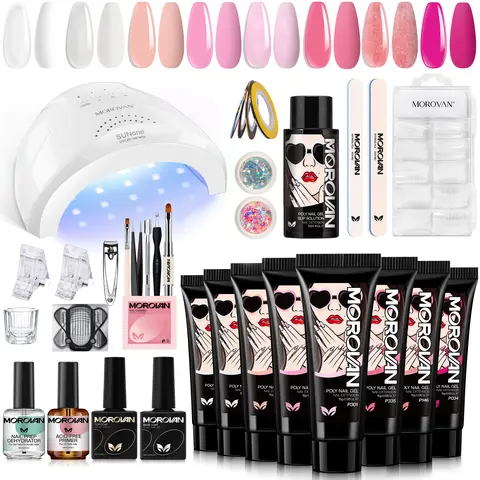 Morovan All-in-1 Poly Gel Nail Kit - Professional Beginner-Friendly Gel Extension Care Starter Kit with Nail Charms, Sequins, LED Lamp, Gradient Tools for Everyday to Party Looks