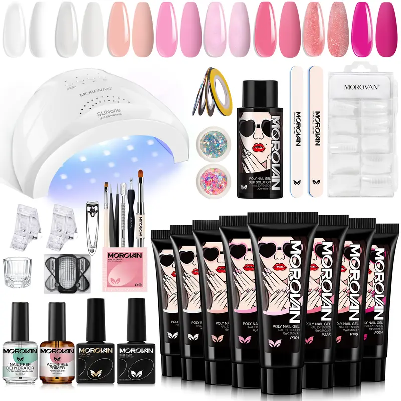 Morovan All-in-1 Poly Gel Nail Kit - Professional Beginner-Friendly Gel Extension Care Starter Kit with Nail Charms, Sequins, LED Lamp, Gradient Tools for Everyday to Party Looks