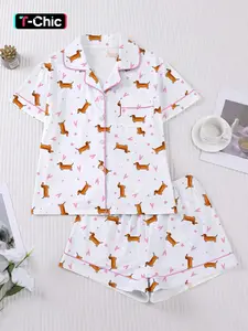 Women's Spring Summer Sleepwear Set, Pajama Set, Cartoon Dog Print, Casual Fitted Shirt & Elastic Shorts, Comfortable Home Wear, Valentine's Gift