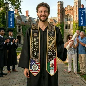 Custom Two Flags Graduation Stole 2026, Mexico USA Double Flag Grad Sash with Name, Personalized University College Graduation Gift for Him