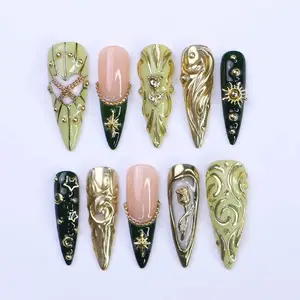 Luxury Green & Gold Press-On Nails with Baroque Swirl, Star, Moon Designs | Long Almond Fake Nails | Handmade Nail Art for Events or Gifts