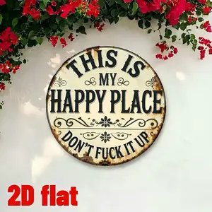 8*8 Inch Vintage Welcome To My Happy Place Round Metal Sign, Farmhouse Durable Decorative Sign, Home Decor Sign, Easy To Hanging Decoration for Home, Office, Bedroom, Kitchen, Garden, Cottage & Porch, Signage funny wall outdoorfun