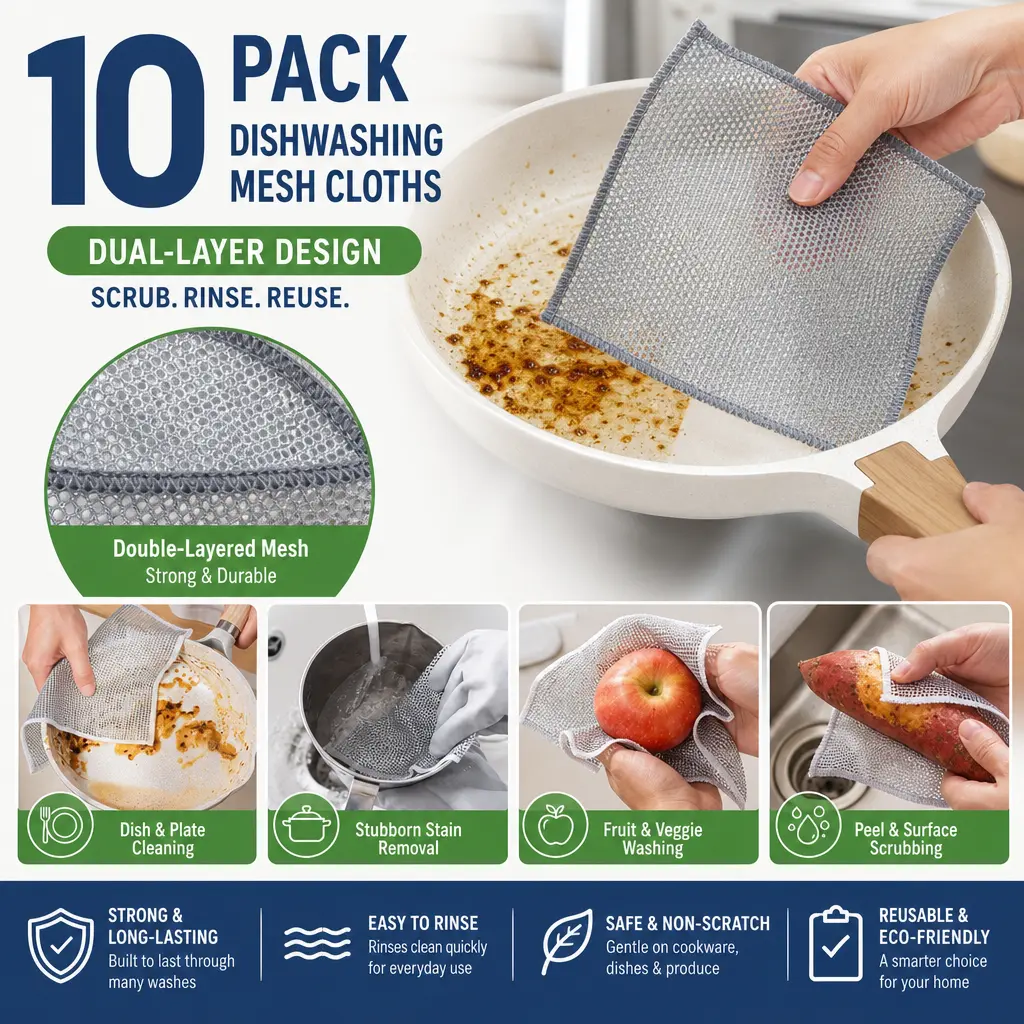 10-Pack Foldable Multifunctional Double Layer Diamond Mesh Weave Wire Mesh Dishcloths, 8*8 Inches Reusable Washable Polyester Cleaning Rags, Safe & Non-Scratch for Nonstick Pans & Kitchen Sinks