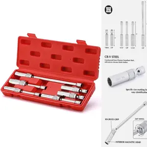 CASOMAN 6-Piece Magnetic Swivel Spark Plug Socket Set, 3/8" Drive, 12-Point Thin Wall Design, CR-V Steel, 360° Swivel for Auto Car Repair Tool Kit