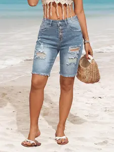 Elastic Fashion Button Fly Ripped Denim Mid-Thigh Shorts, Casual Women's Summer, Sexy Short Pants for Dating and Daily Wear