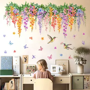 A set (30*90cm*2pcs) self-adhesive wall stickers with colorful floral and vine patterns for spring and summer decoration in living rooms, hallways and corridors.