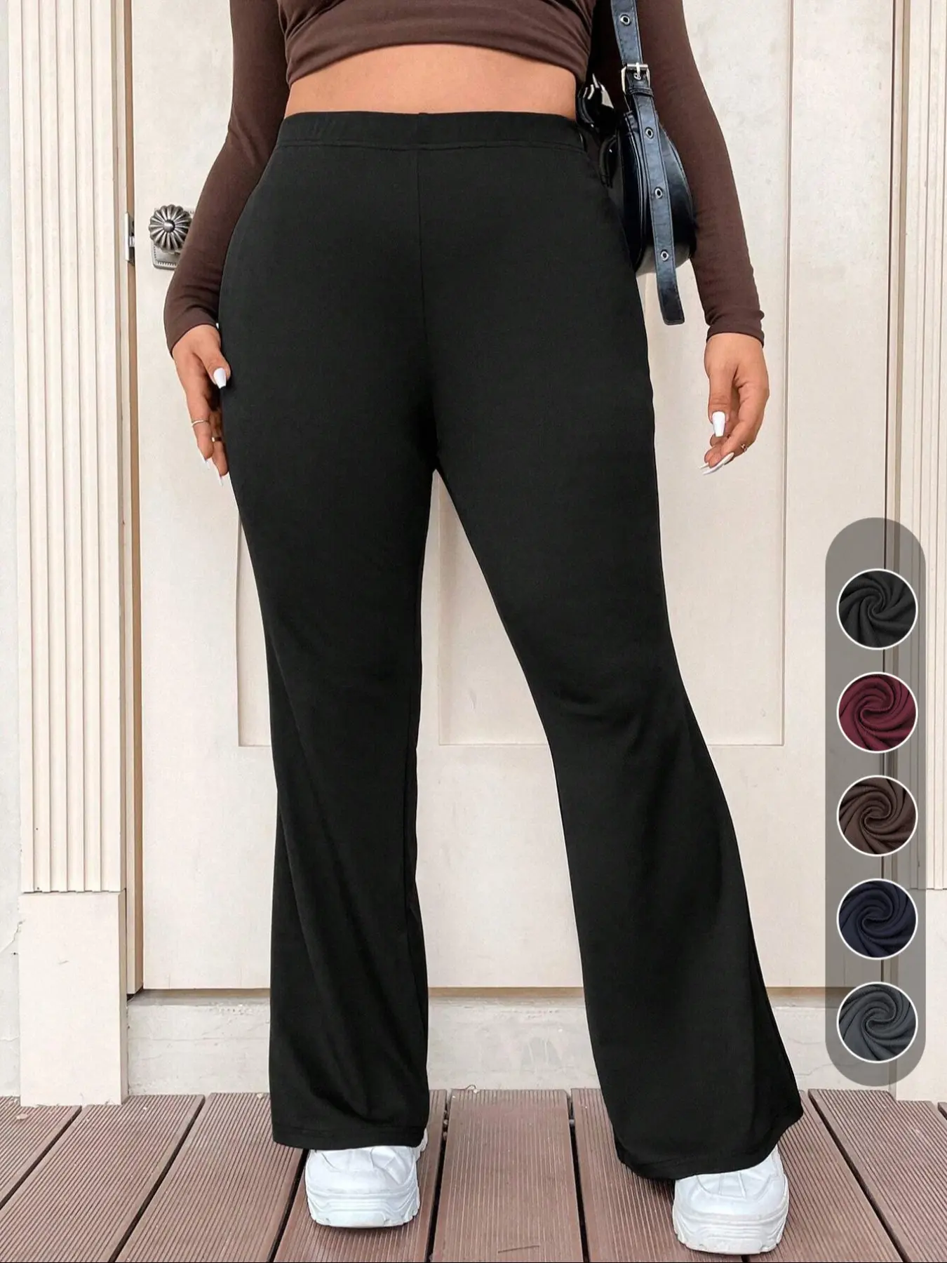Plus Size Women's Elastic Waist Flare Leg Pants, Casual Plain Bell Bottom Trousers, Women Plus Clothing for Spring & Fall, Casual Chic Bottoms, All Season Pants