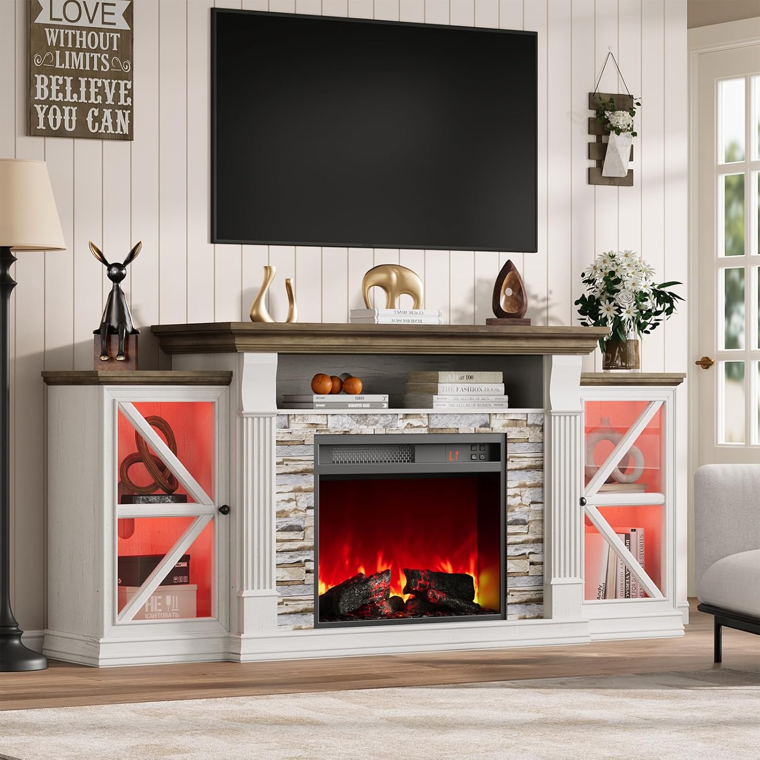 Electric Fireplace TV Stand, 70" Farmhouse Entertainment Center with Open Shelf and Glass Barn Door Cabniet, Modern, Customized