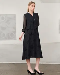 Black A Line Dresses for Women 3/4 Sleeve V Neck Dress Glitter Chiffon Mesh Patchwork Dress   AF-LQ87723