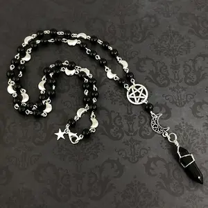 Gothic Rosary Necklace - Pagan Rosary, Prayer Beads, Black Onyx Pentagram Necklace, Beaded Trad Goth Necklace