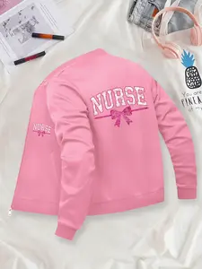 Women's Nurse Themed Bomber Jacket - Long Sleeve Casual Versatile Top, Polyester Knit Fabric with Pockets, Fitted Style for Autumn/Winter, Random Graphic Print Pattern Suitable for Young Adults, Coats