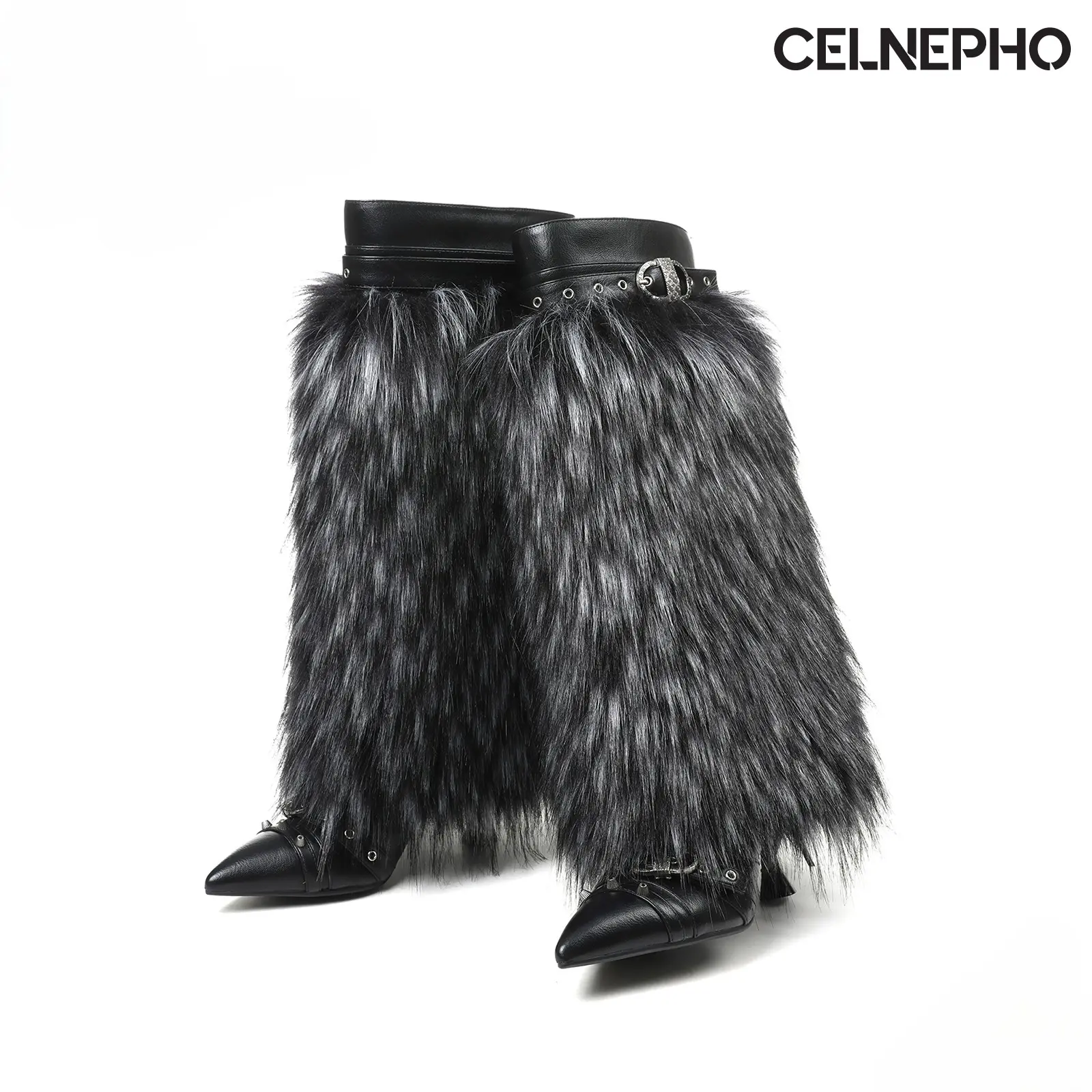 CELNEPHO Women's Pointed Toe Stiletto Kitten Heel Faux Fur Warm Black Boots Pointed Toe Rivets Metal Buckle Design Easy Pull-on Buckle Runaway Fold Over Boots for Party Cosplay Casual Outings Snow Knee High Tactical Walking Spring Shoes