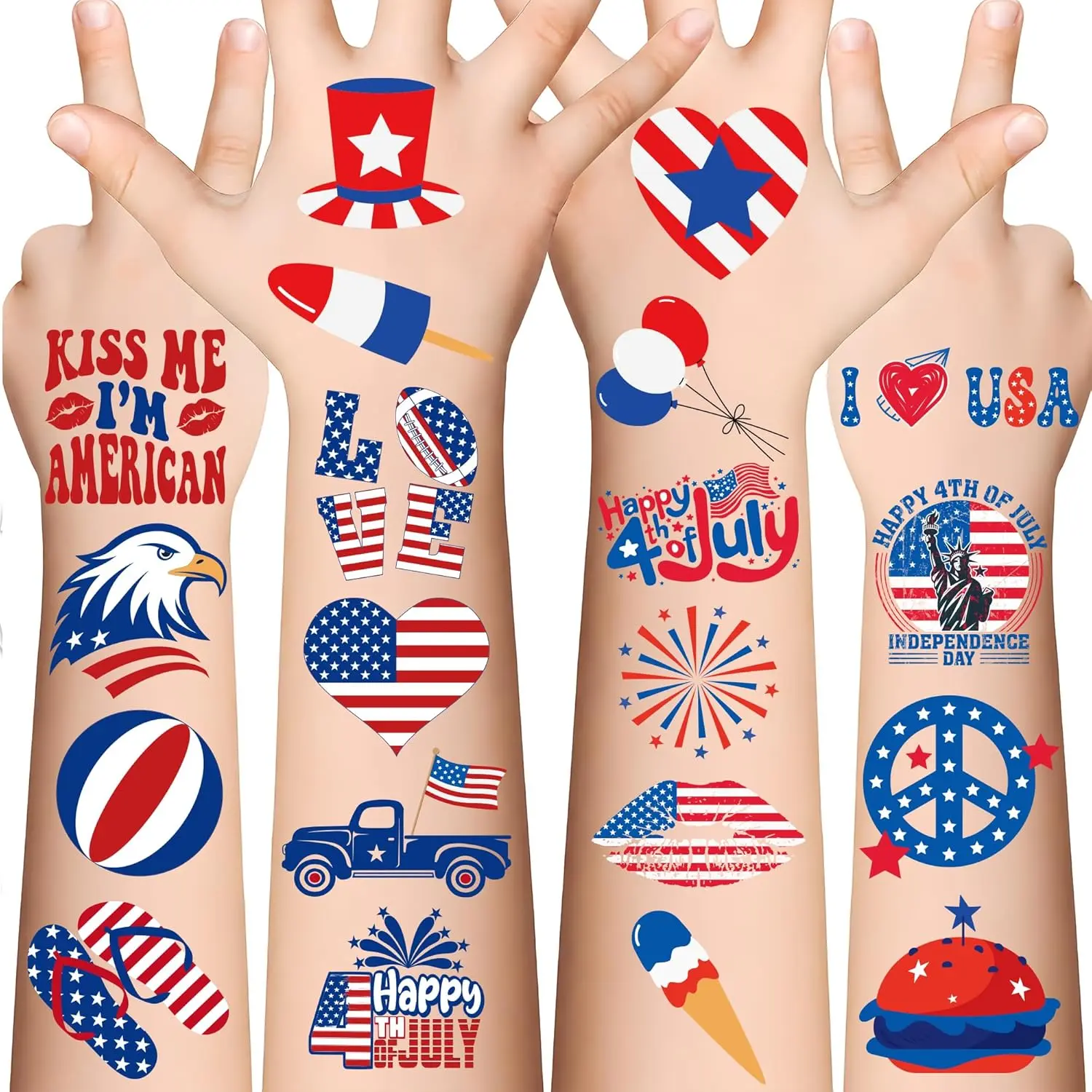 Women's Patriotic Temporary Tattoos - 120-Pack Red White Blue USA Flag Tattoos, 4th of July Party Favors Supplies, 250th Anniversary Accessories Decorations