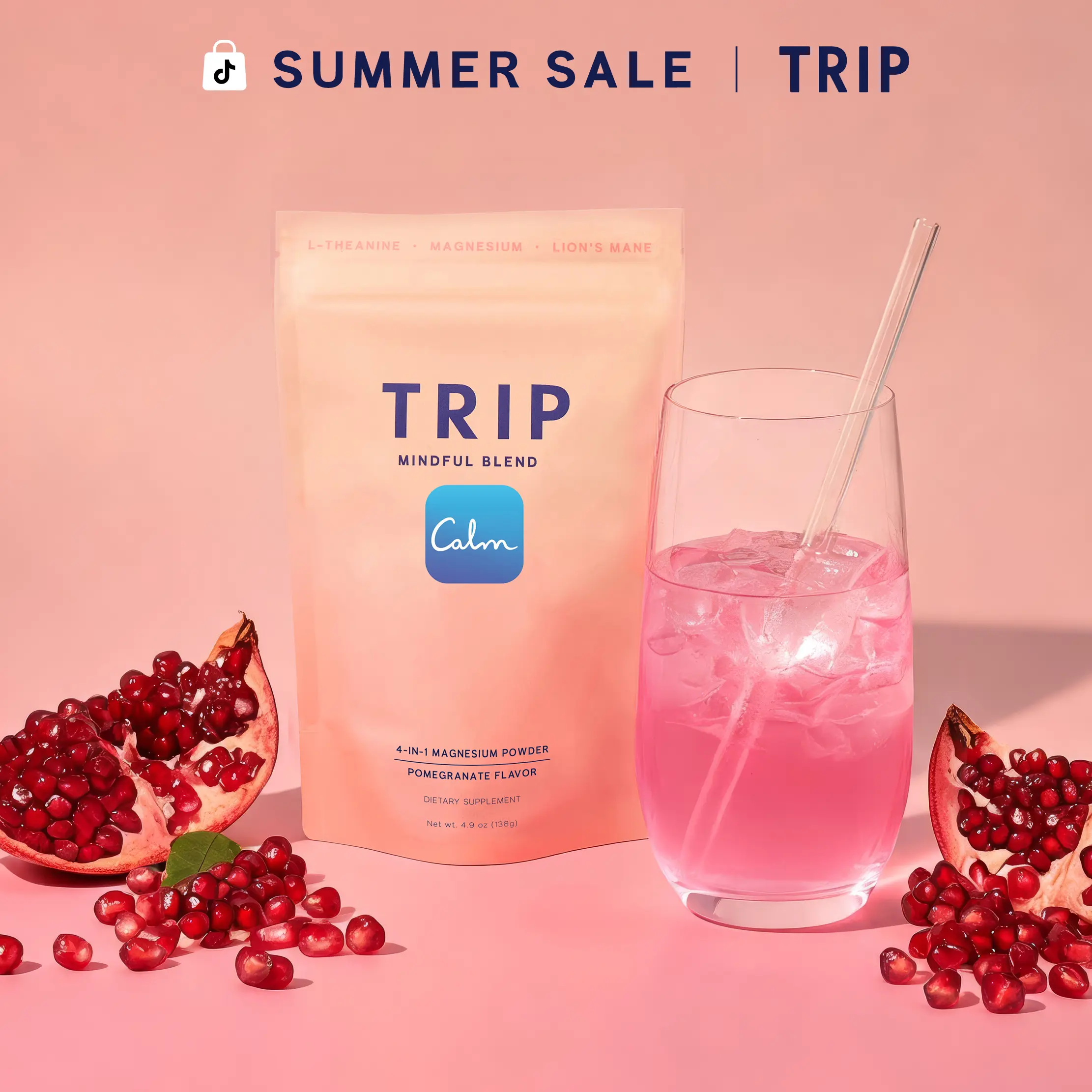 TRIP Magnesium Powder, Pomegranate Orange Blossom Flavor, Magnesium with L-Theanine and Lion's Mane, Sugar-Free, Daily Calm & Relaxation (30 Servings)