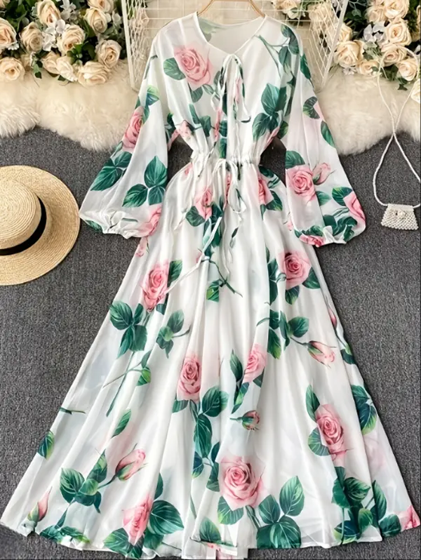 Spring/Summer Bohemian Floral Print Crew Neck Waist-Cinching Lined Long Loose Two-Piece Dress Set
