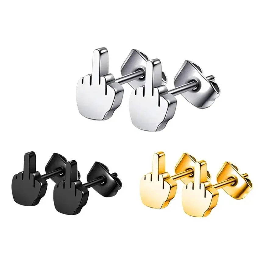 Punk Stainless Steel Hoop Earrings with Middle Finger Design, Unisex Anti-Rust Rhodium-Plated Jewelry in Silver, Black, Gold