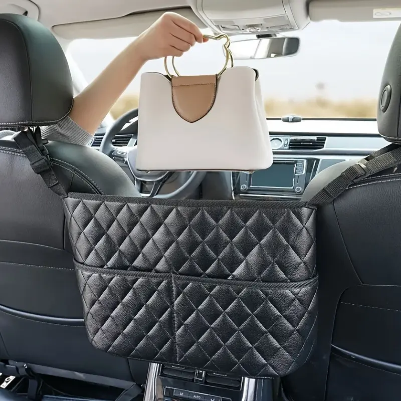 [Versatile vehicle organizer] Black Faux Leather Car Seat Organizer |   Single Storage for Wallets, Handbags, Books |   Vehicle Essentials
