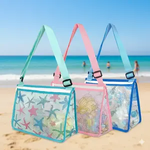 Beach Toy Storage Mesh Bag, Kids Shell Collection Pouch with Zipper, Waterproof Swim Gear Carrier for Boys and Girls, Portable Net Bag for Beach Toys, Holds Sand Buckets Shovels, Storage Carrying Bag, Organizational Zipper Storage