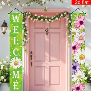 2D Flat Banner Party Sign, Welcome Spring Front Porch Sign, Floral Theme Party Banner, Polyester, Perfect for Farmhouse Porch, Yard, Garage, Home Decor, Party Decorations Banners