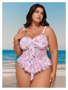 Floral Tankini Swimsuit for Women - Pink White Tie Front Ruffled One Piece Bathing Suit - Vintage Retro Swimwear for Beach, Pool, Vacation - Adjustable Straps