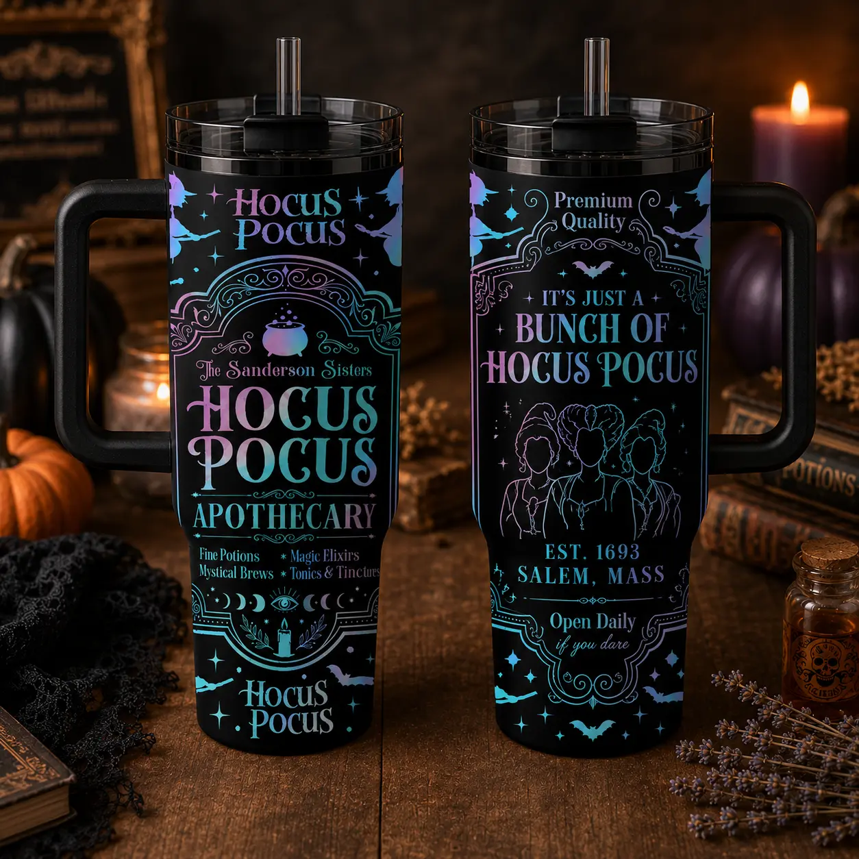 Hocus Pocus Halloween Tumbler 20oz/30oz/40oz – Witch Magic Potion Stainless Steel Insulated Travel Mug with Handle, Hot & Cold Coffee Cup
