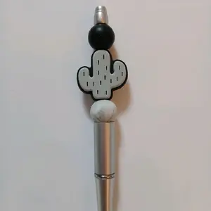 Cathy Lynns Chic Boutique Black and Gray Cactus Pen with Accent Beads and Silver Body Unique Design Stationery