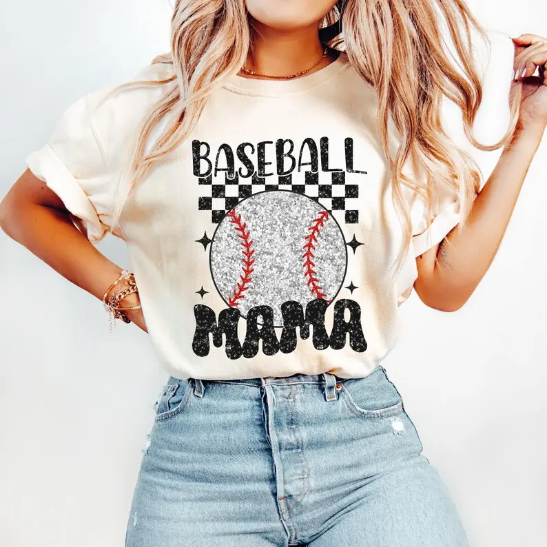 Retro Baseball Mama Shirt, Faux Glitter Baseball Shirt, Game Day Baseball Shirt