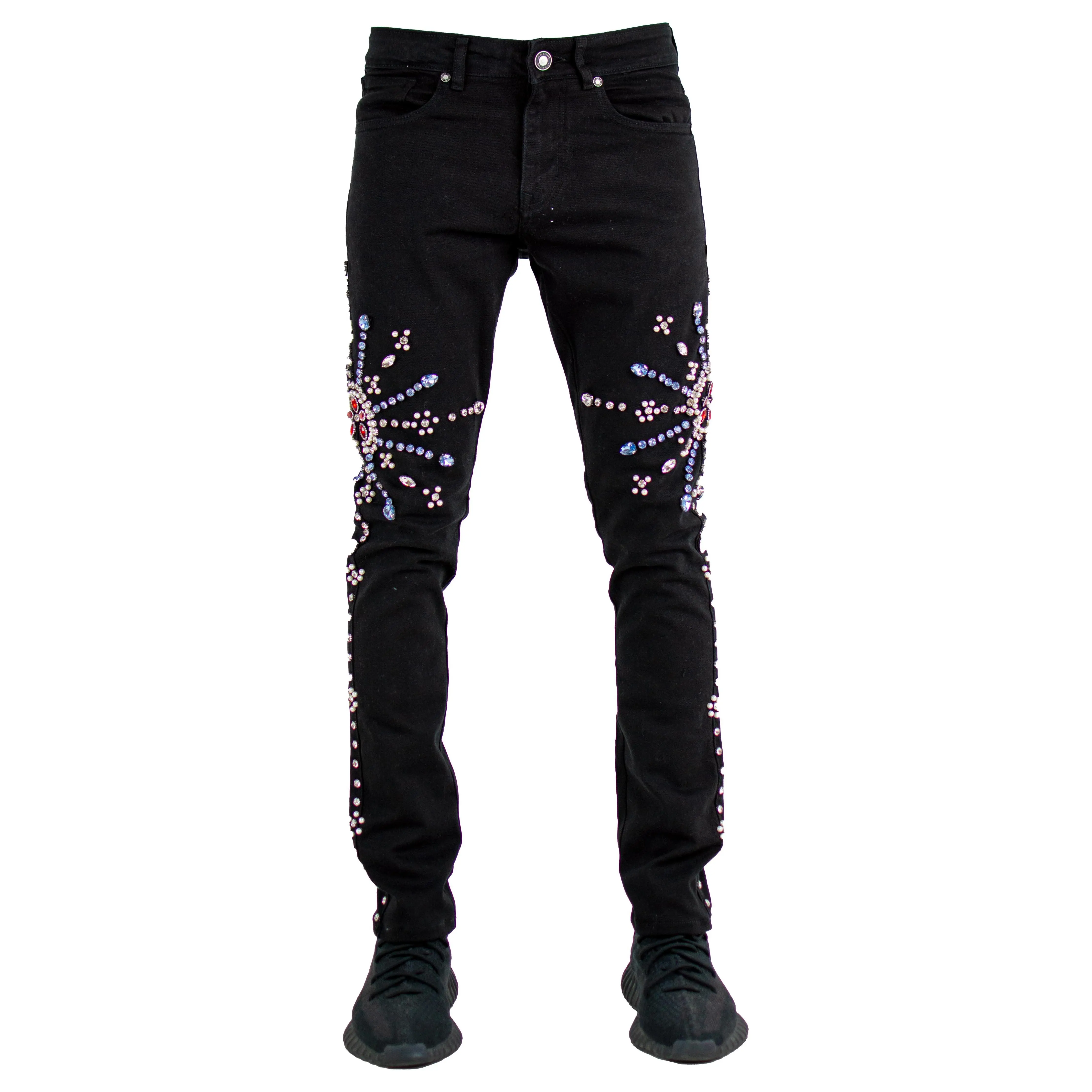Men's Jet Black Skinny Tapered Jeans in Stretch Cotton with 5-Pocket Design and Hand-Made Rhinestone Embellishments, Skinny Fit, Pocket Detail, Menswear, Denim, Crystal Embellished, Rhinestones