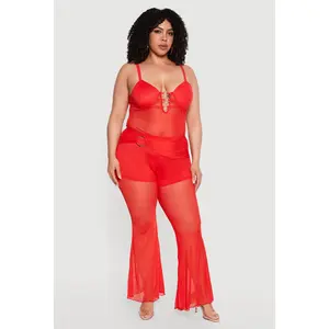 Plus Size O Ring Belted Front Mesh Flare Leg Pants