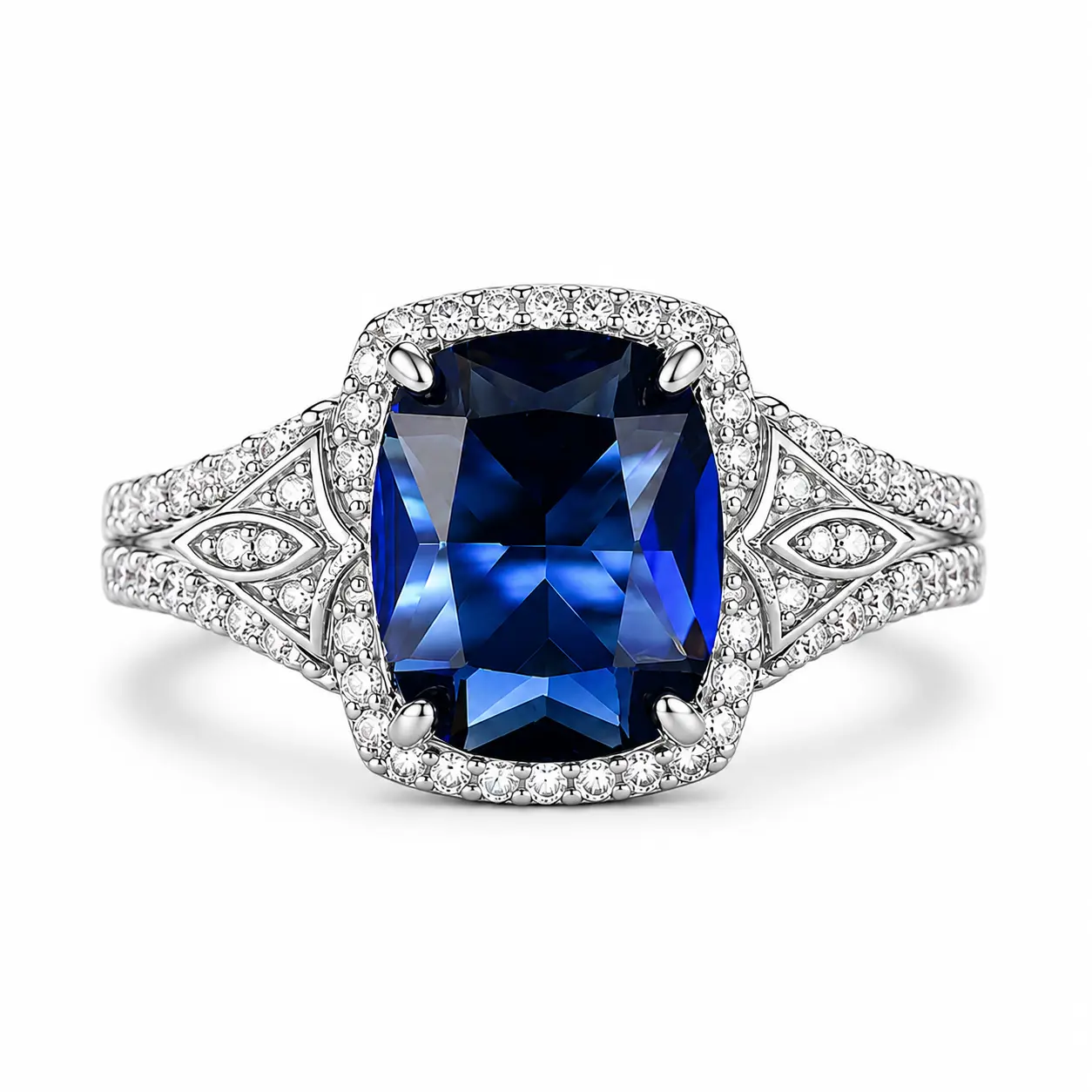 Elegant Blue Gemstone Ring for Women, Brilliant Cushion Cut Center Stone, Dazzling Halo Setting, Intricate Pavé Band, 925 Jewelry wedding ring