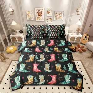 Western 7-Piece Bedding Set for Kids Girls Teens (Black,) - Cowgirl Boots Cactus Horseshoe Comforter Set with Sheets Stars Vintage Bed in A Bag Rural Country Rustic Bed Sets