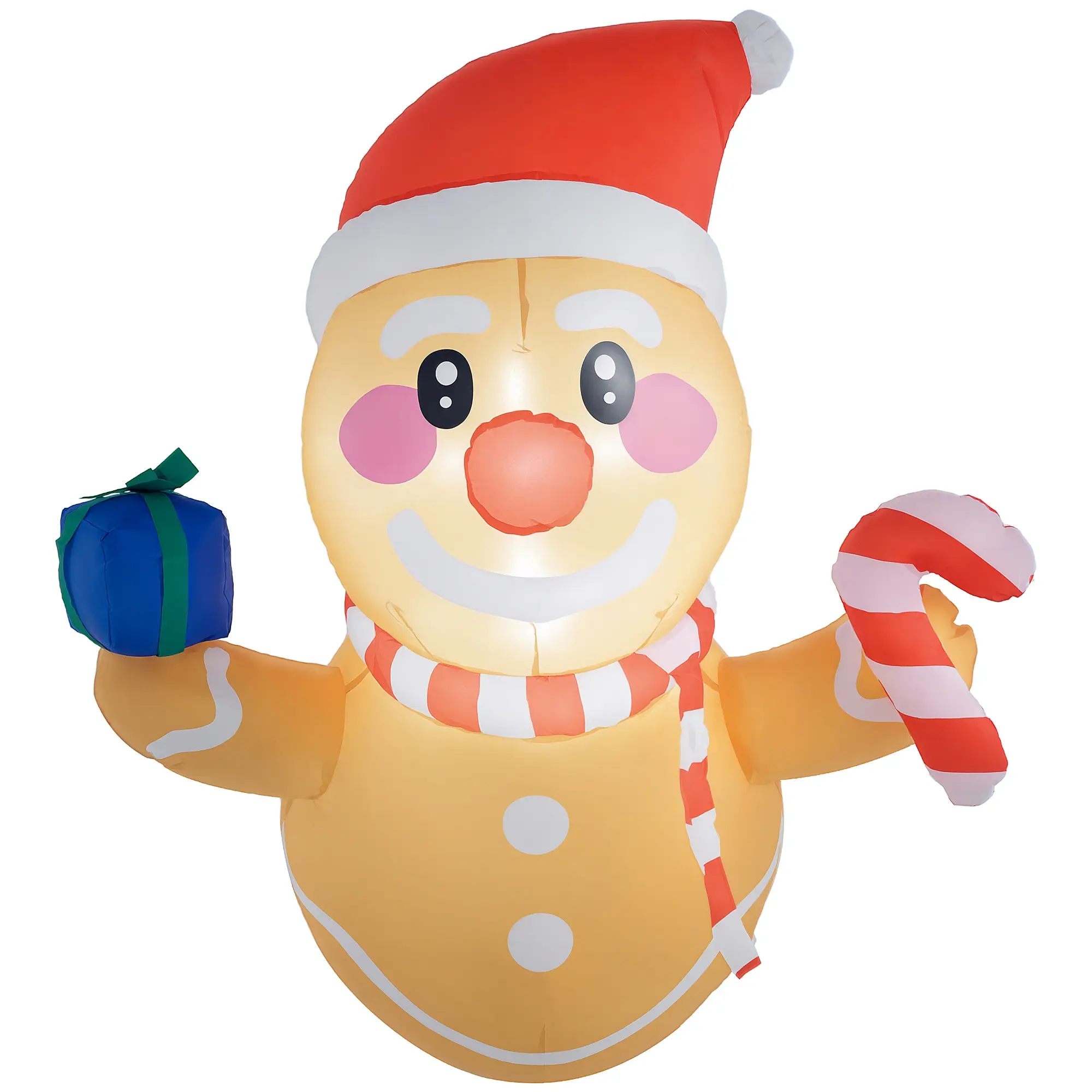 3.4' Inflatable Hanging Gingerbread Man Holding Gift Box & Candy Cane with LED Lights – Blow-Up Outdoor Display for Party. Built-in Lights. Weather-Resistant. Easy Setup. 35.4"W x 17.7"D x 41.3"H