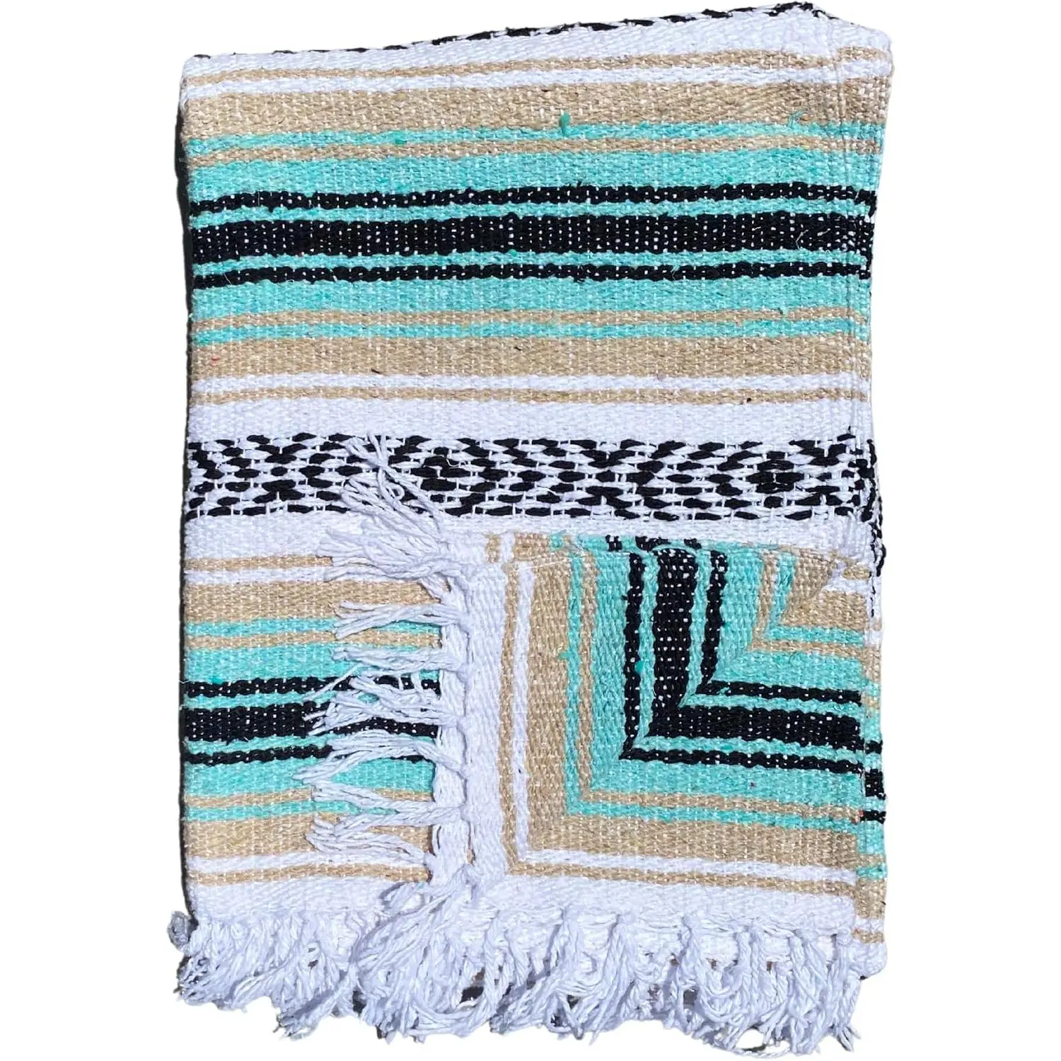 Classic Mexican Blanket, Large Authentic Woven Falsa Throw (70"x50"), Artisan Southwest Décor for Beach, Yoga Outdoors (Mint/Tan)