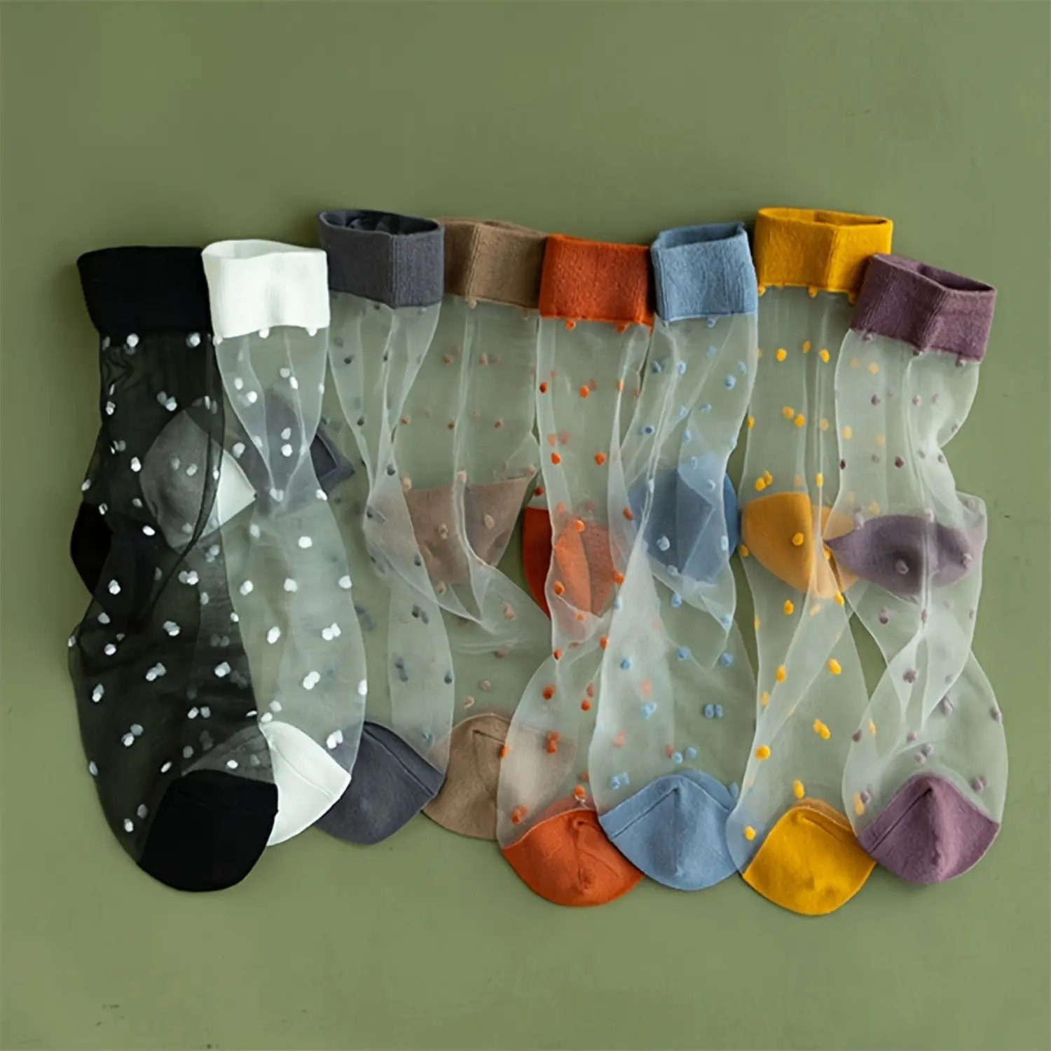 Women's Nylon Mid-Tube Socks (8 Pairs) - Spring & Summer Ultra-Thin Breathable, Polka Dot Ribbed Color Blocking Design, High Aesthetic Value, Daily Use Option for Women, Socks For Women