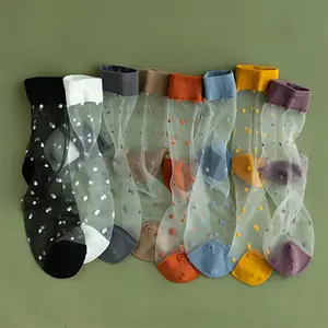 Women's Nylon Mid-Tube Socks (8 Pairs) - Spring & Summer Ultra-Thin Breathable, Polka Dot Ribbed Color Blocking Design, High Aesthetic Value, Daily Use Option for Women, Socks For Women