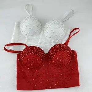 Tube Top Handmade Stitched Beading High Quality Fishbone Wedding Party Blind Date Stage Party Mesh Yarn semi sheer Tank Tops Bra Blusas Short Corset Summer Rave Outfits Woman Clothing Sling Shaper Ladies Crop Shirt Vest Sexy Inner Clothes