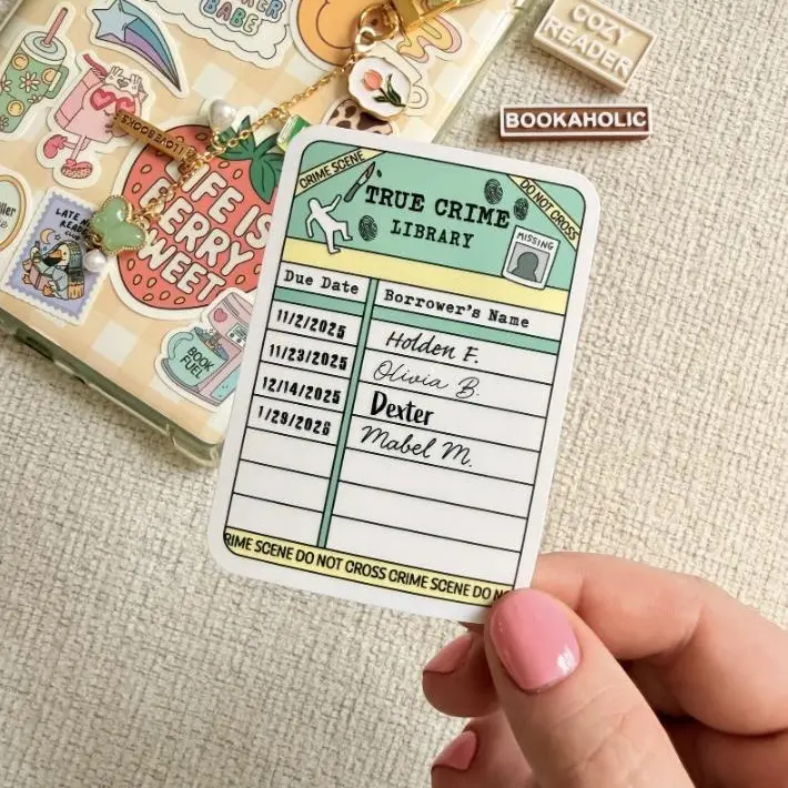True Crime Library Card Adhesive Stickers for Kindle & E-Readers, Trendy Cute Scrapbooking Supplies for Book Lovers