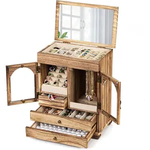 Miratino Jewelry Box for Women, Rustic Wooden Jewelry Boxes & Organizers with Mirror, 4 Layer Girls Jewelry Storage for Rings Earrings Necklaces Bracelets Valentines Day Gifts for Her jewelrybox organization
