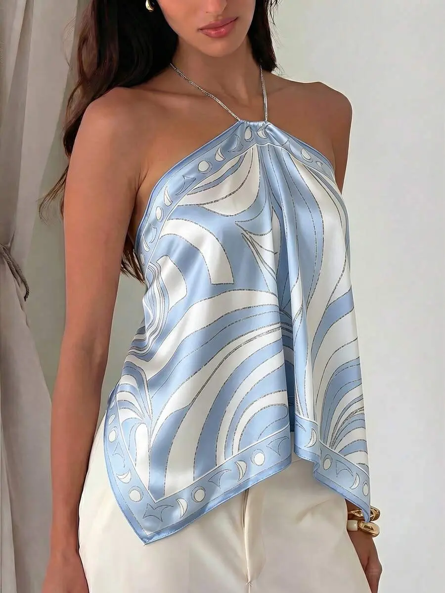 TNK x Aloruh Women's Elegant Tie-Dye Chiffon Printed Halter Neck Beach Vacation Top,Summer Top