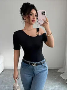 Fashion Solid Color Asymmetric Neck Asymmetrical Design Slim T-shirt