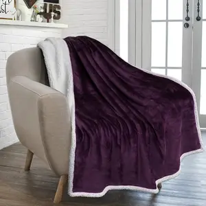 Purple Sherpa Throw for Couch Twin, Thick Sofa, Warm Throw, Fuzzy Plush Winter, Dark Eggplant Decorative Throw, 60x80