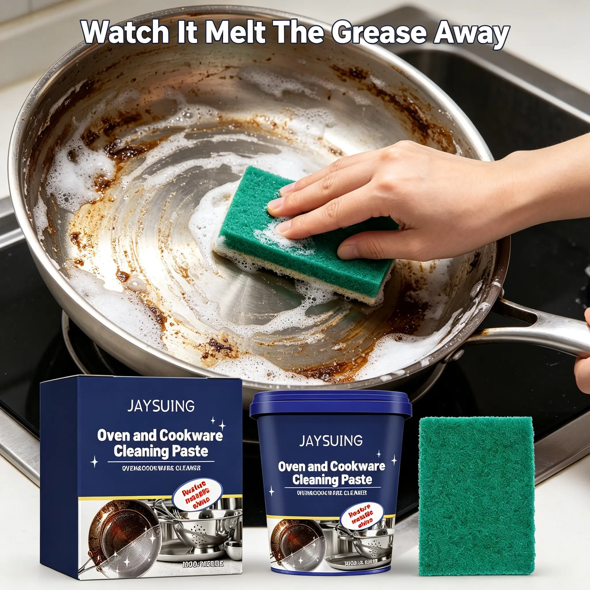 100g Cookware Cleaning Paste with Sponge, Multi-Purpose Kitchen Stainless Steel Cleaner Paste, Effectively Remove Burnt Stains, Grime & Surface Rust, Polishing Cleanser for Pots, Ovens & Kitchen Utensils