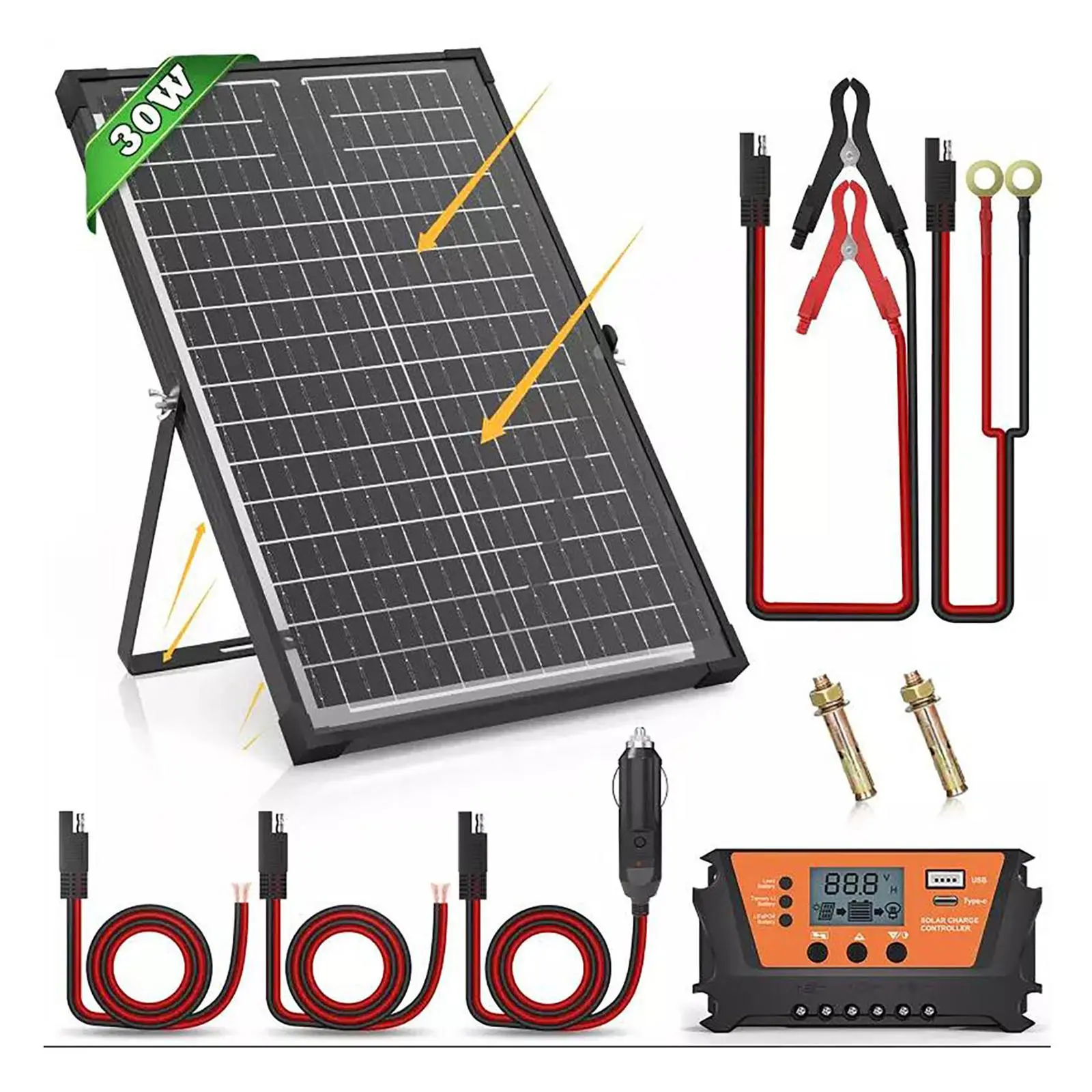 30W Solar Panel Kit with Battery Charger, Cables, and Accessories for Portable Power Solutions
