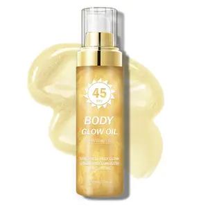 QIUFSSE SPF 45 Body Glow Oil with Gold Mica, Shimmer Sunscreen Body Oil Broad Spectrum, Moisturizing Coconut Oil Sun Protection, Radiant Skin Luminizer, Waterproof Long-Lasting Sun Shield
