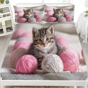 3-Piece Cat Print Bed Sheet Set, Soft Fashionable Bedroom or Guest Room Bedding, Includes 1 Fitted Sheet + 2 Pillowcases (no Core)