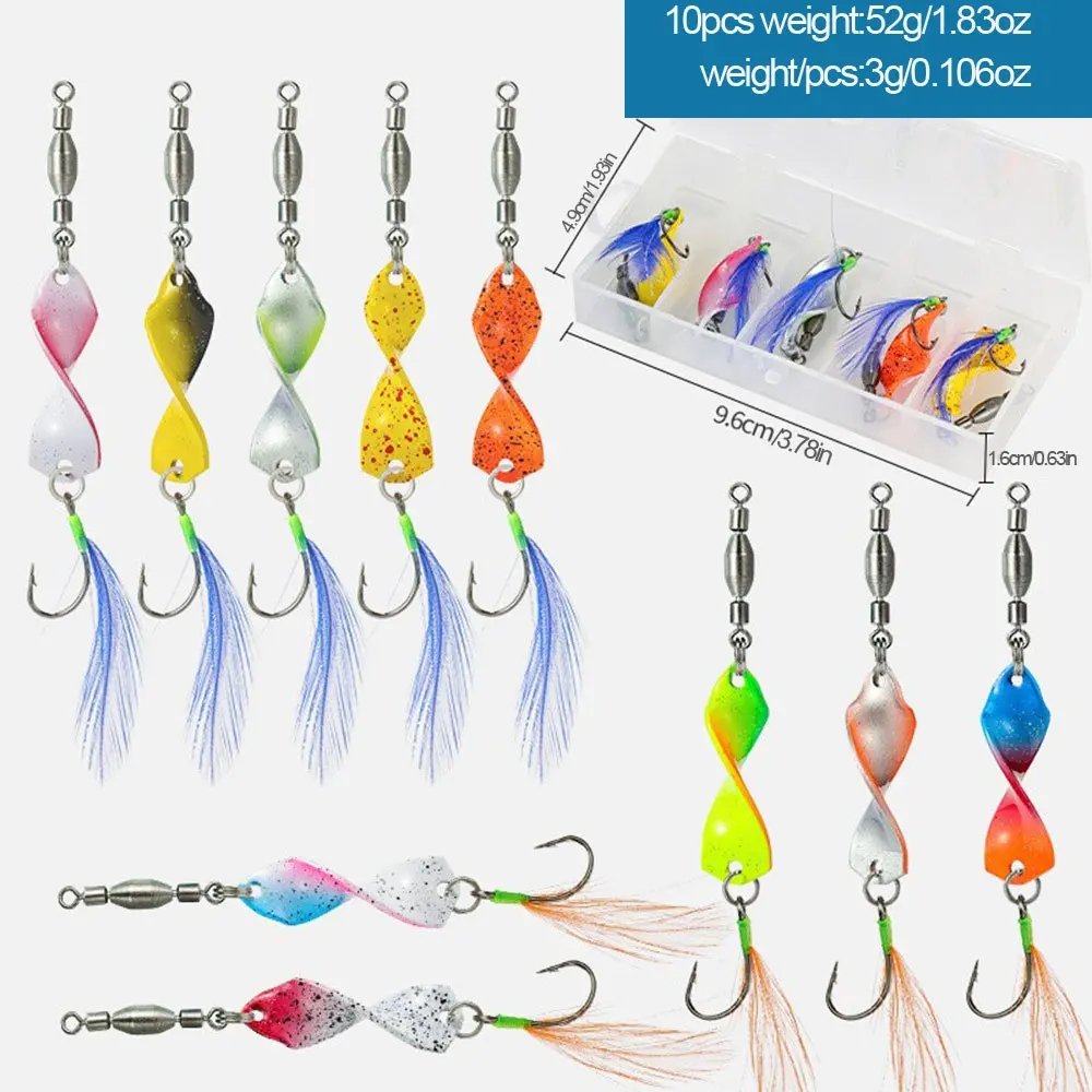 10-Pack Spiral Sequins Fishing Lure Set, High-Speed UV Spinning Bucktail Bass Lures, Fishing Gear Accessories, Fishing Lure Kit, Fishing Tackle