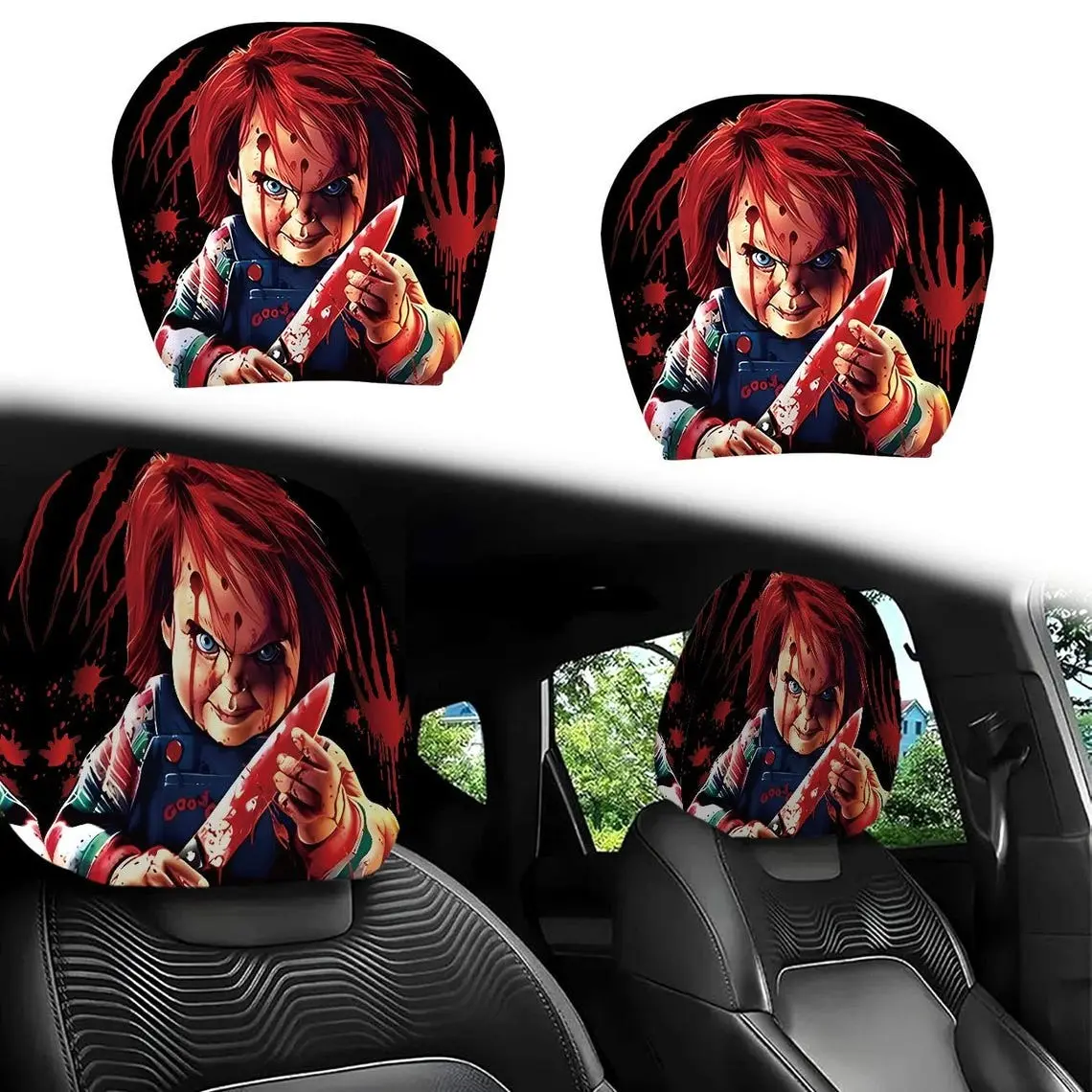 (1pc) Killer Doll Car Headrest Cover – Horror Movie Inspired Headrest Protector, Halloween Auto Interior Accessory, Universal Fit Car Seat Headrest Cover Gift