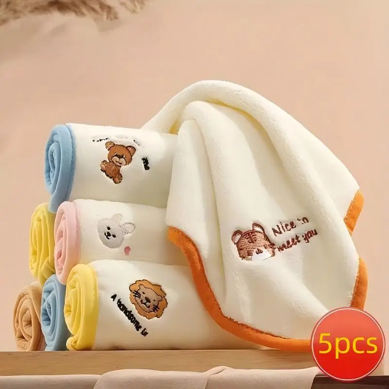 Cartoon Animals Pattern Baby Towels, 5pcs Cute Soft Absorbent Baby Washcloth, Baby Bath Towel, Baby Essentials, Newborn Baby Stuff