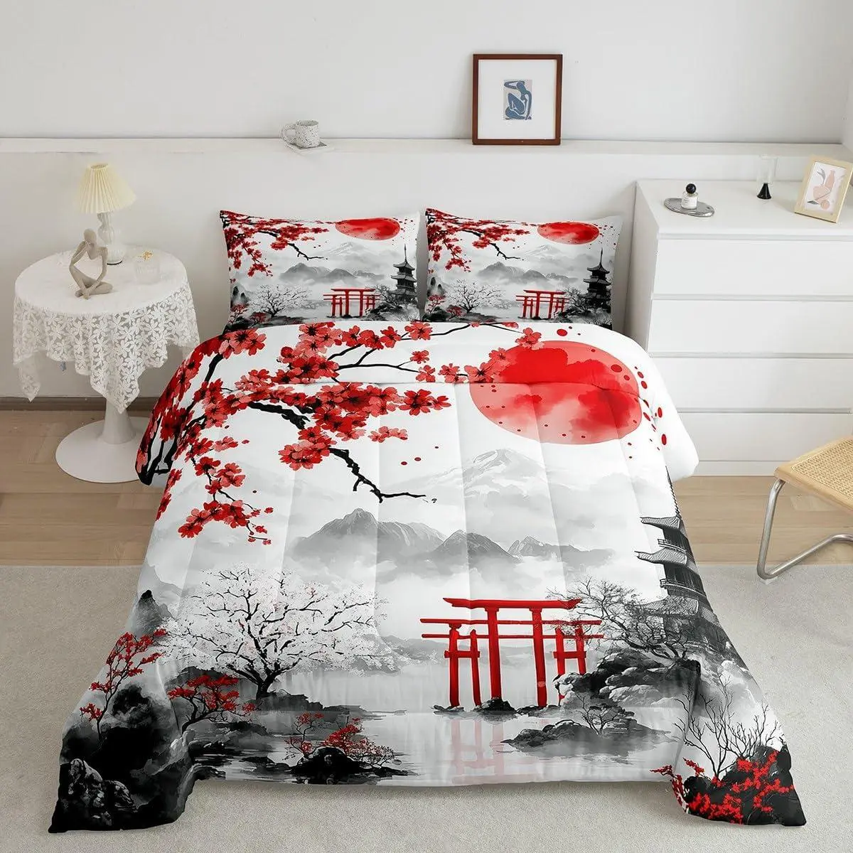 Japanese Style Comforter Set Red Cherry Blossoms Bedding Set Mount Fuji Torii Comforter Breathable Ink Painting Duvet Set Sunset Quilt Set